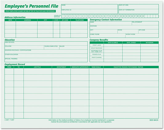 TOPS 3287 Employee Record File Folders, Straight Cut, Letter, 2-Sided, Green Ink (Pack of 20)