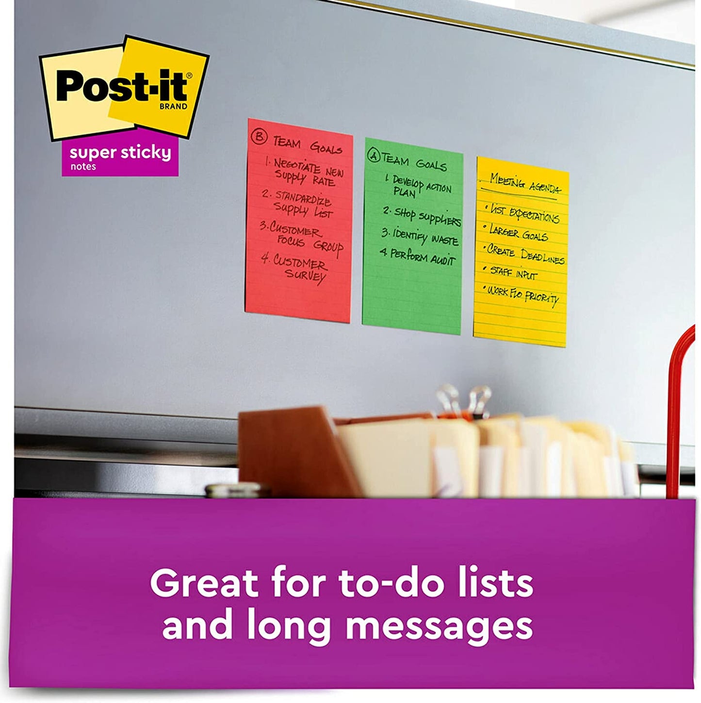 Post-it Super Sticky Notes. 4x6 in. 3 Pads. 2x the Sticking Power. Marrakesh Collection. Primary Colors (Red. Yellow. Green. Blue. Purple). Recyclable(660-3SSAN)