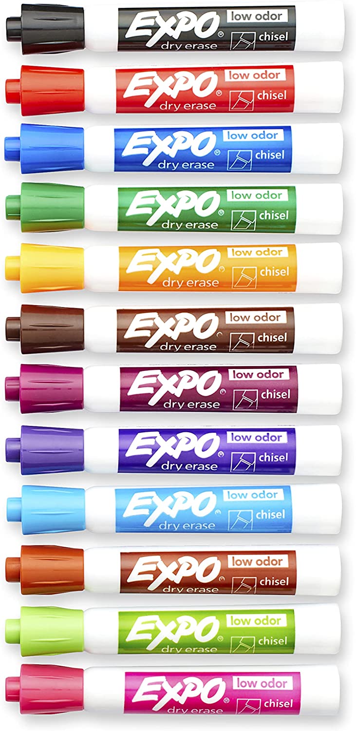 EXPO Low Odor Dry Erase Markers. Chisel Tip. Assorted Colors. 12 Count