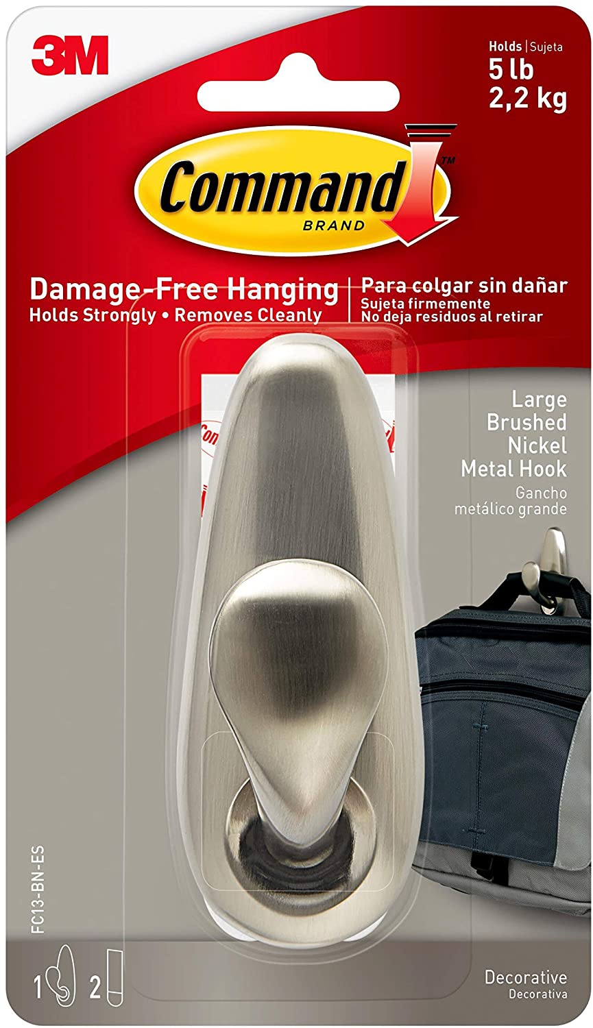 Command Large Metal Hook. Brushed Nickel. Indoor Use. 1-Hook. 2-Strips. Decorate Damage-Free