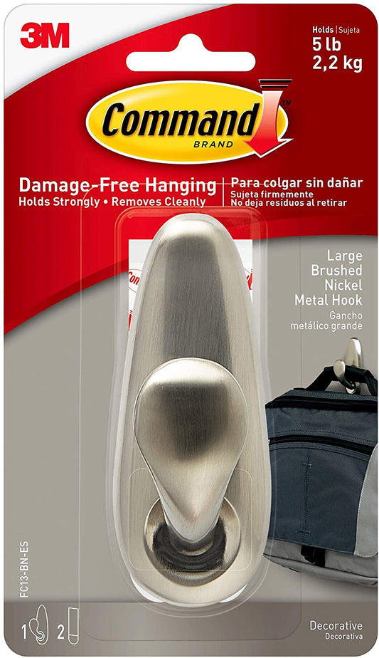 Command Large Metal Hook. Brushed Nickel. Indoor Use. 1-Hook. 2-Strips. Decorate Damage-Free