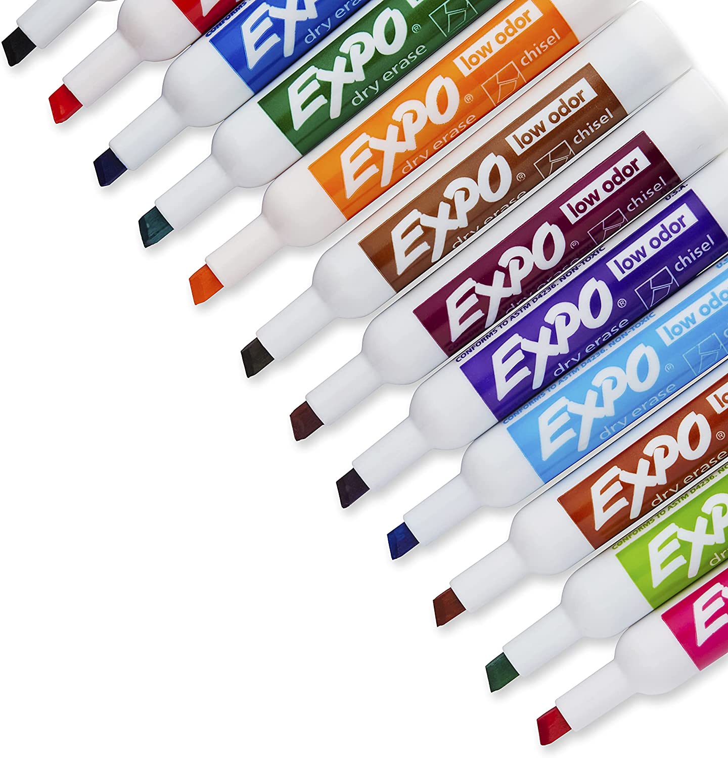 EXPO Low Odor Dry Erase Markers. Chisel Tip. Assorted Colors. 12 Count