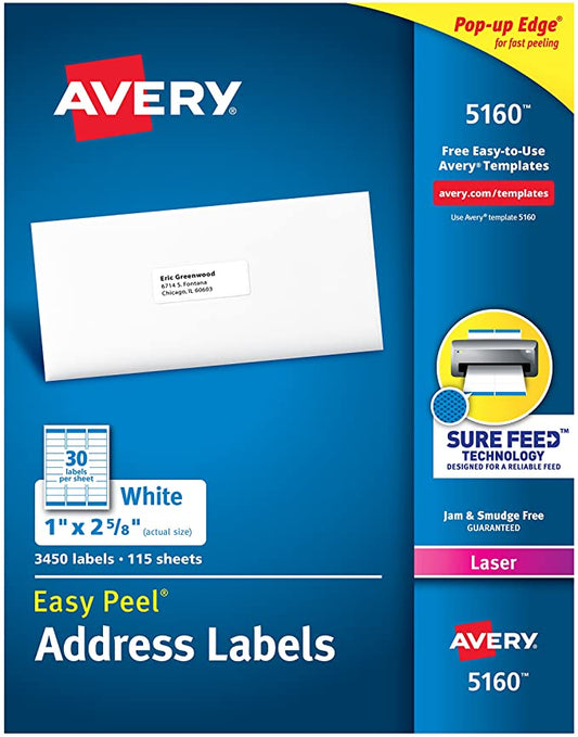 AVERY Mailing Address Labels, Laser Printers, 3,450 Labels, 1 x 2-5/8, Permanent Adhesive, FBA Labels (5160)
