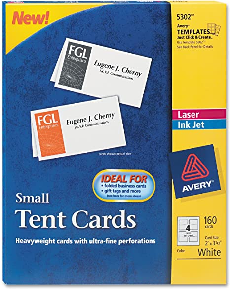 Avery 5302 Small Tent Card, White, 2 X 3-1/2, 4 Cards/Sheet, 160 Cards/Box