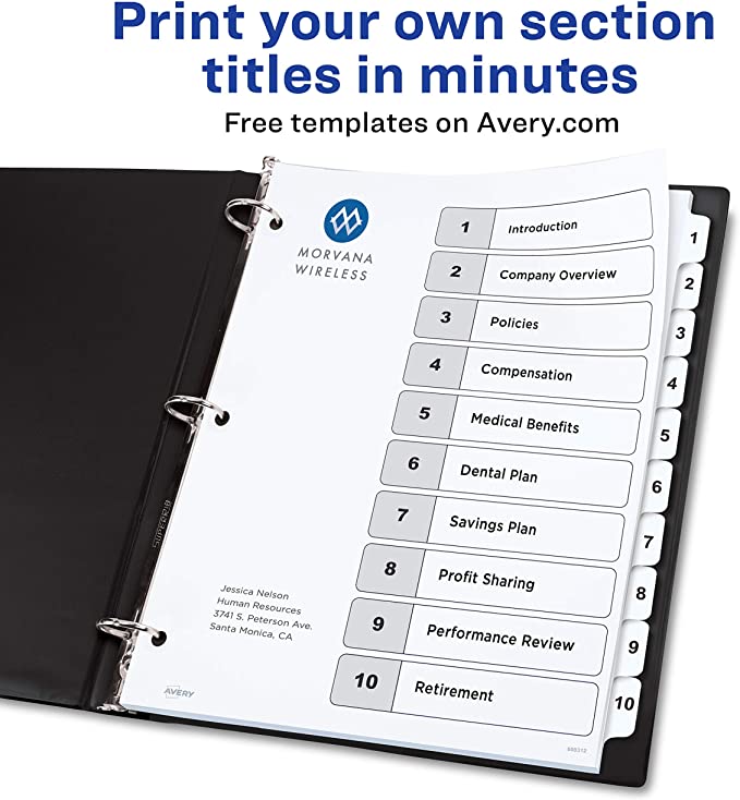 Avery 10-Tab Dividers for 3-ring Binders, Customizable Table of Contents, Classic White Tabs, 1 Set (11134)