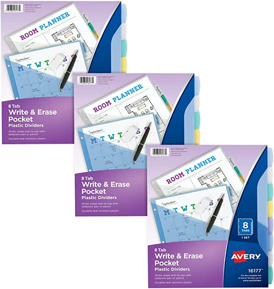 Avery Write & Erase Pocket Plastic Dividers for 3 Ring Binders. 8-Tab Sets. Multicolor. 3 Binder Divider Sets (31701)
