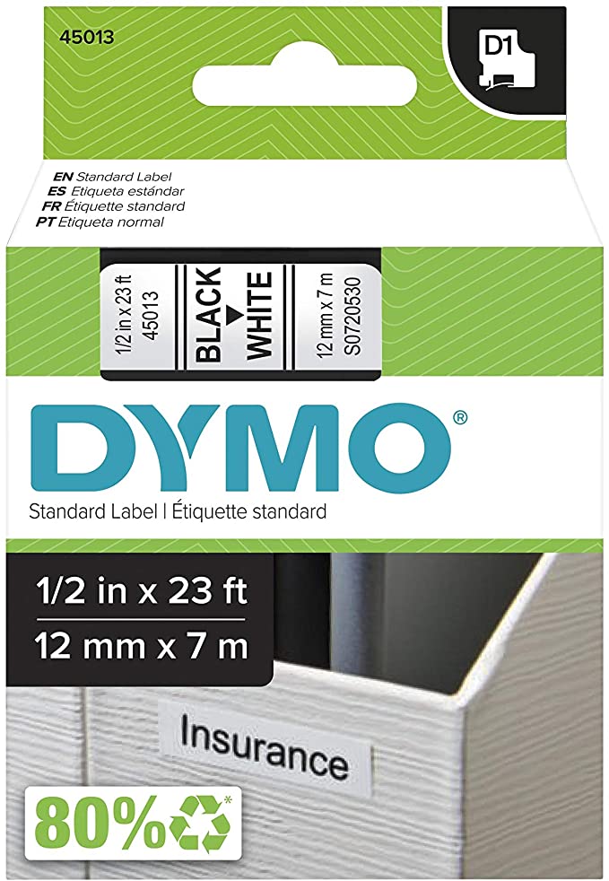 DYMO Standard D1 43610 Labeling Tape (Black Print on White Tape, 1/2'' W x 23' L, 1 Cartridge), DYMO Authentic