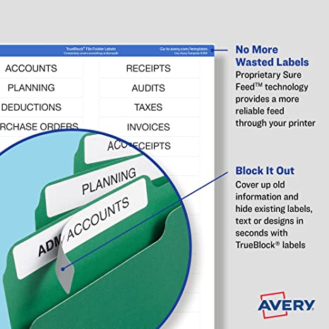 Avery File Folder Labels with TrueBlock Technology, Permanent Adhesive, 2/3" x 3-7/16", Laser/Inkjet, 2-Pack, 1,500 Labels Total (38366)