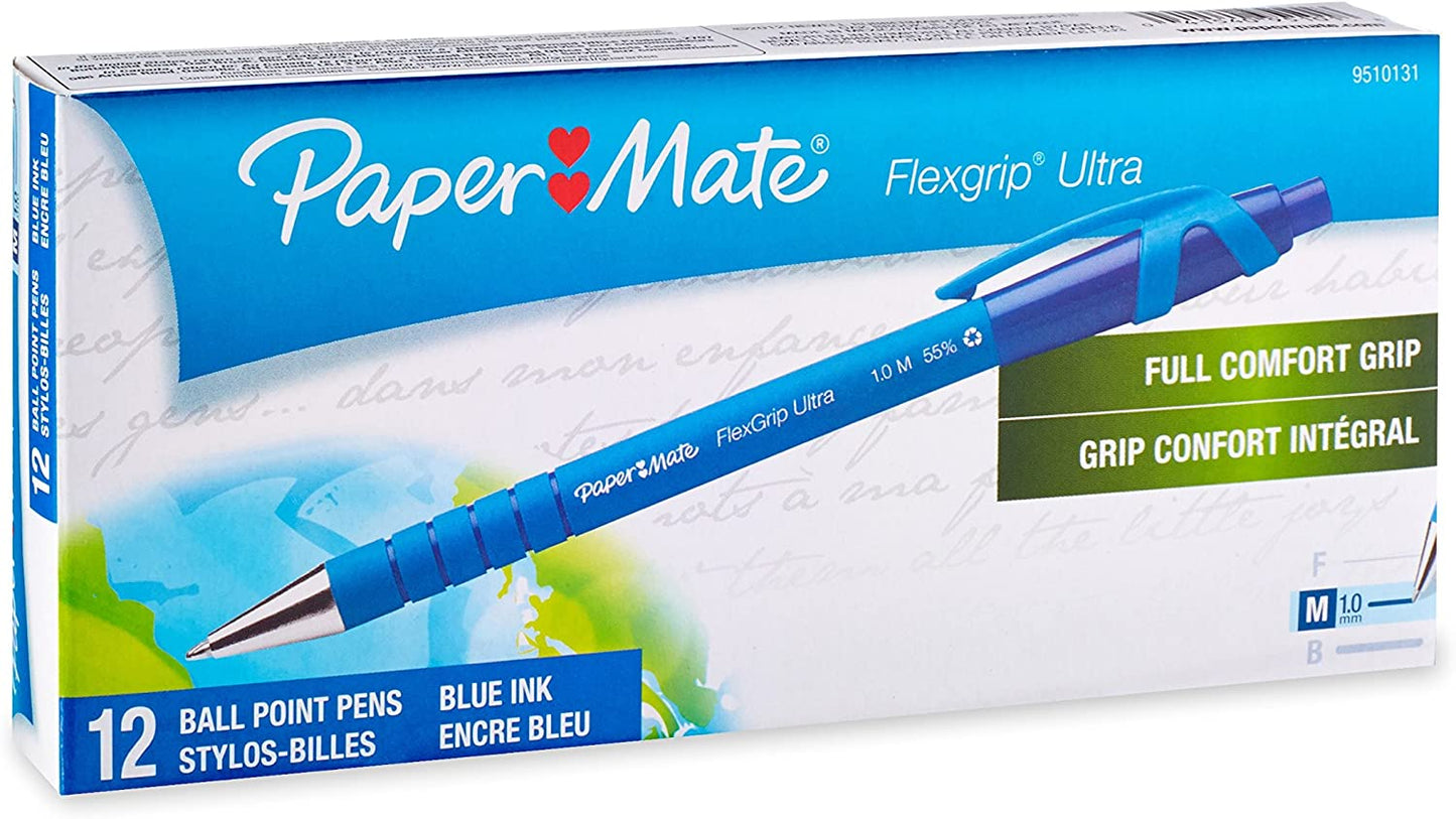 Paper Mate 9510131 Flexgrip Ultra ST Ballpoint Pen, Features a Textured, Rubberized Barrel, Steel Flange Tip for Extra Durability, 12 Units per Box, Pack of 1 Box, Blue Color