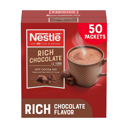 Nestle Hot Chocolate Packets. Hot Cocoa Mix. Rich Chocolate Flavor. Made with Real Cocoa. 50 Count (0.71 Oz each). 35.5 Oz
