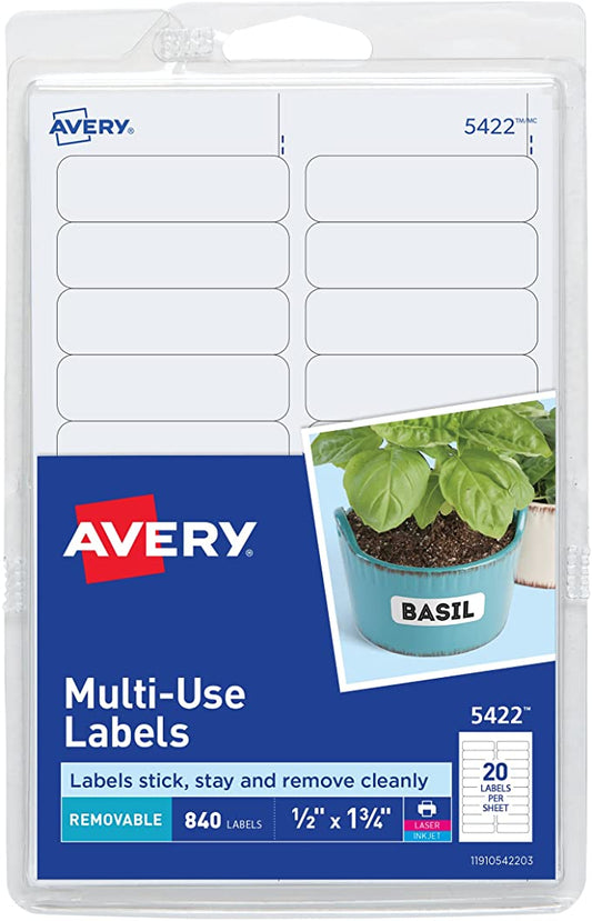 Avery Self-Adhesive Removable Labels, 0.5 x 1.75 Inches, White, 840 per Pack (05422)