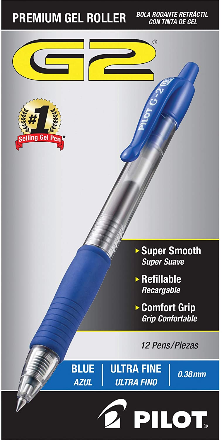 PILOT G2 Premium Refillable & Retractable Rolling Ball Gel Pens, Ultra Fine Point, Blue Ink, 12-Pack (31278)