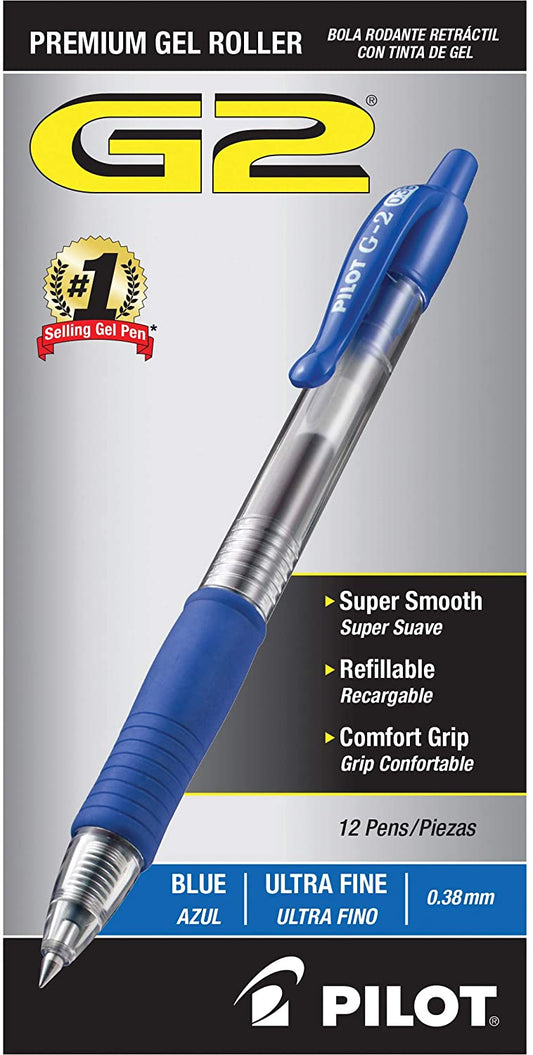 PILOT G2 Premium Refillable & Retractable Rolling Ball Gel Pens, Ultra Fine Point, Blue Ink, 12-Pack (31278)