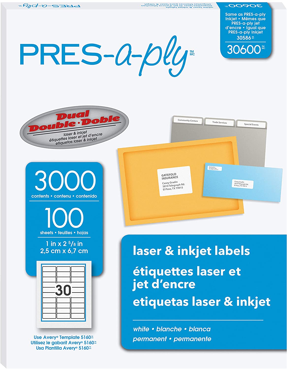 PRES-a-ply Laser Address Labels, 1 x 2-5/8, White, 3000/Box