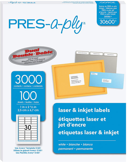 PRES-a-ply Laser Address Labels, 1 x 2-5/8, White, 3000/Box