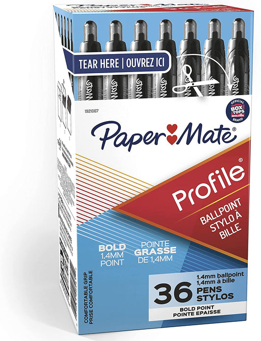 Paper Mate Profile Ballpoint Pens | Bold Point Writing Pens for School Supplies, Office Supplies, Black, Box of 36