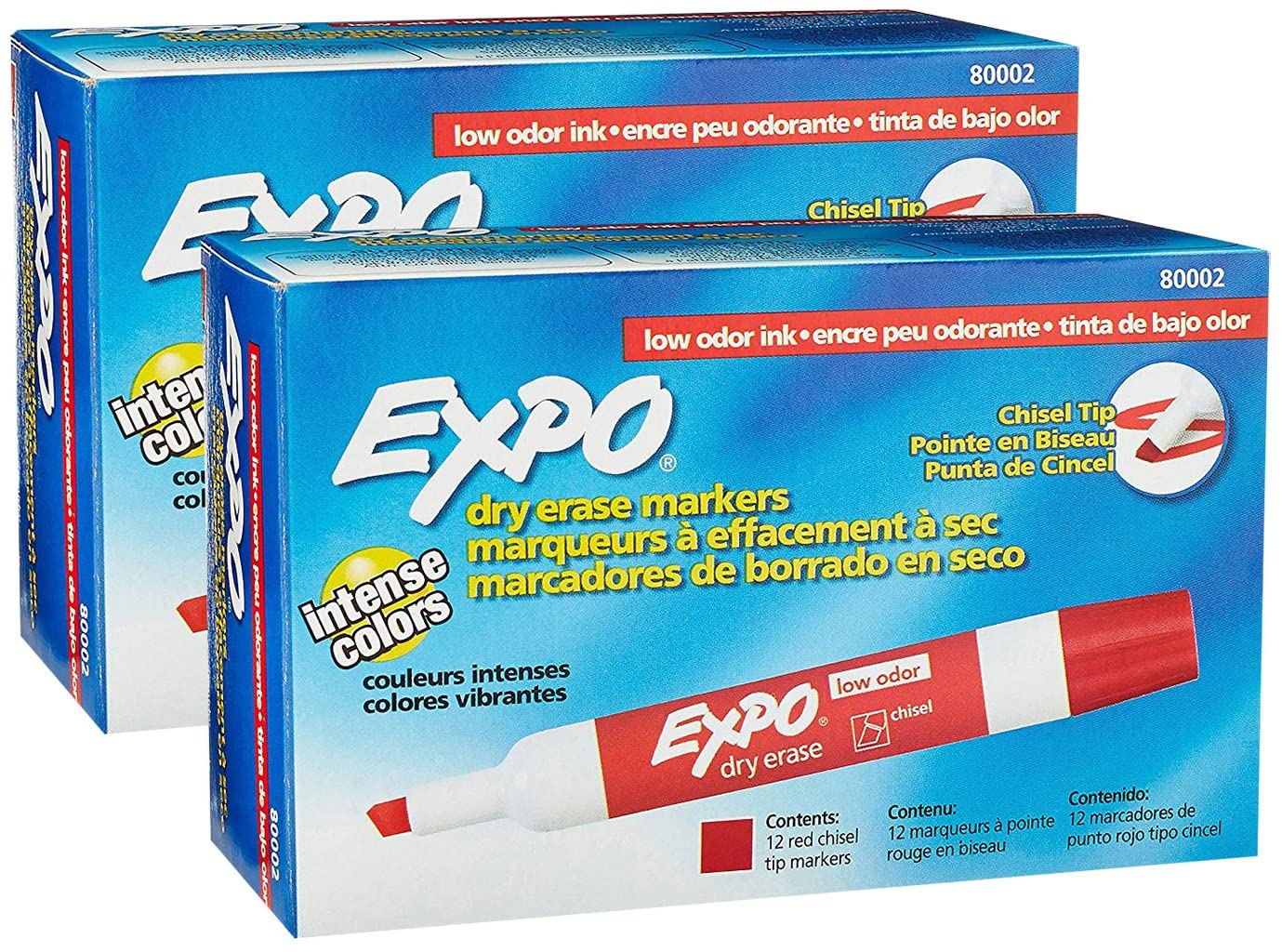 Expo 80002 Low Odor Dry Erase Markers, Chisel Tip, Red Color, 2 Sets with 12 Markers, Total of 24 Markers