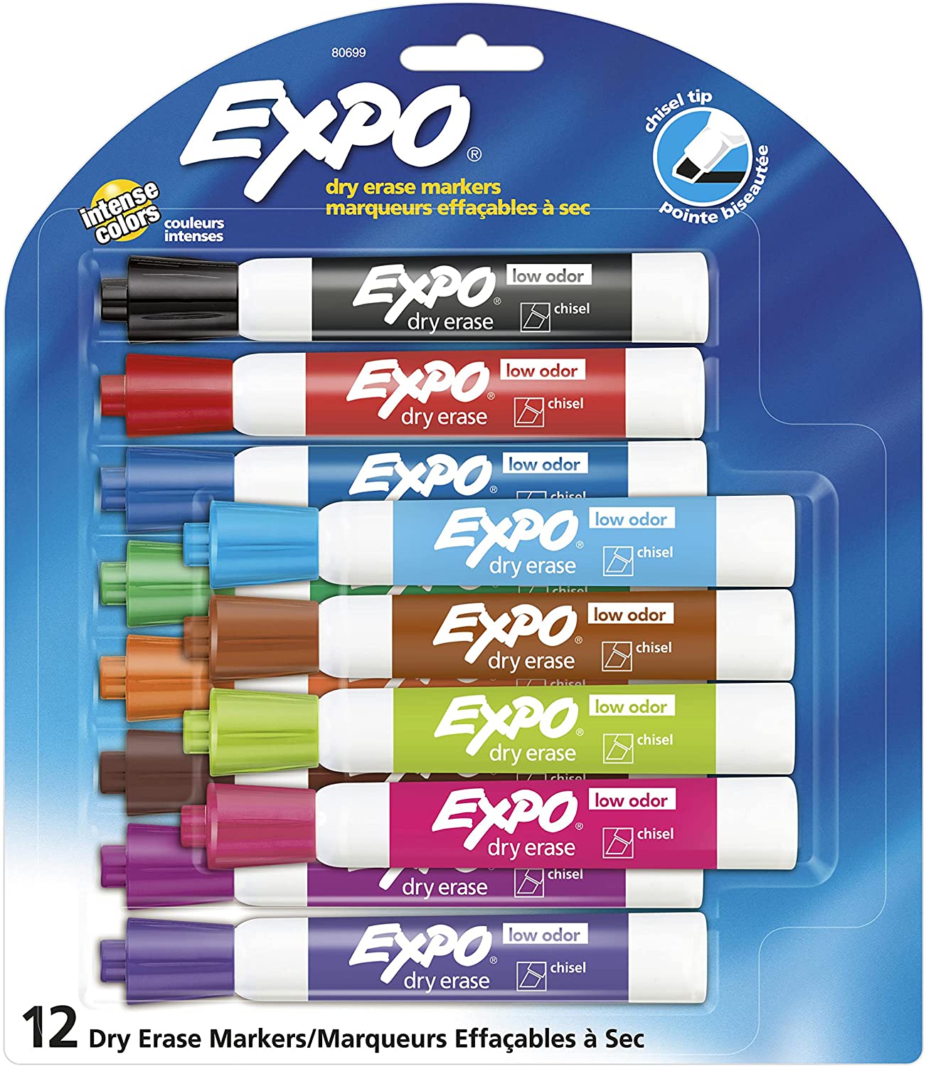 EXPO Low Odor Dry Erase Markers. Chisel Tip. Assorted Colors. 12 Count