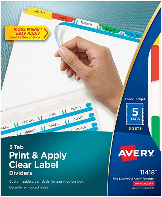 Avery 5-Tab Binder Dividers, Easy Print & Apply Clear Label Strip, Index Maker, Multicolor Tabs, 5 Sets (11418)