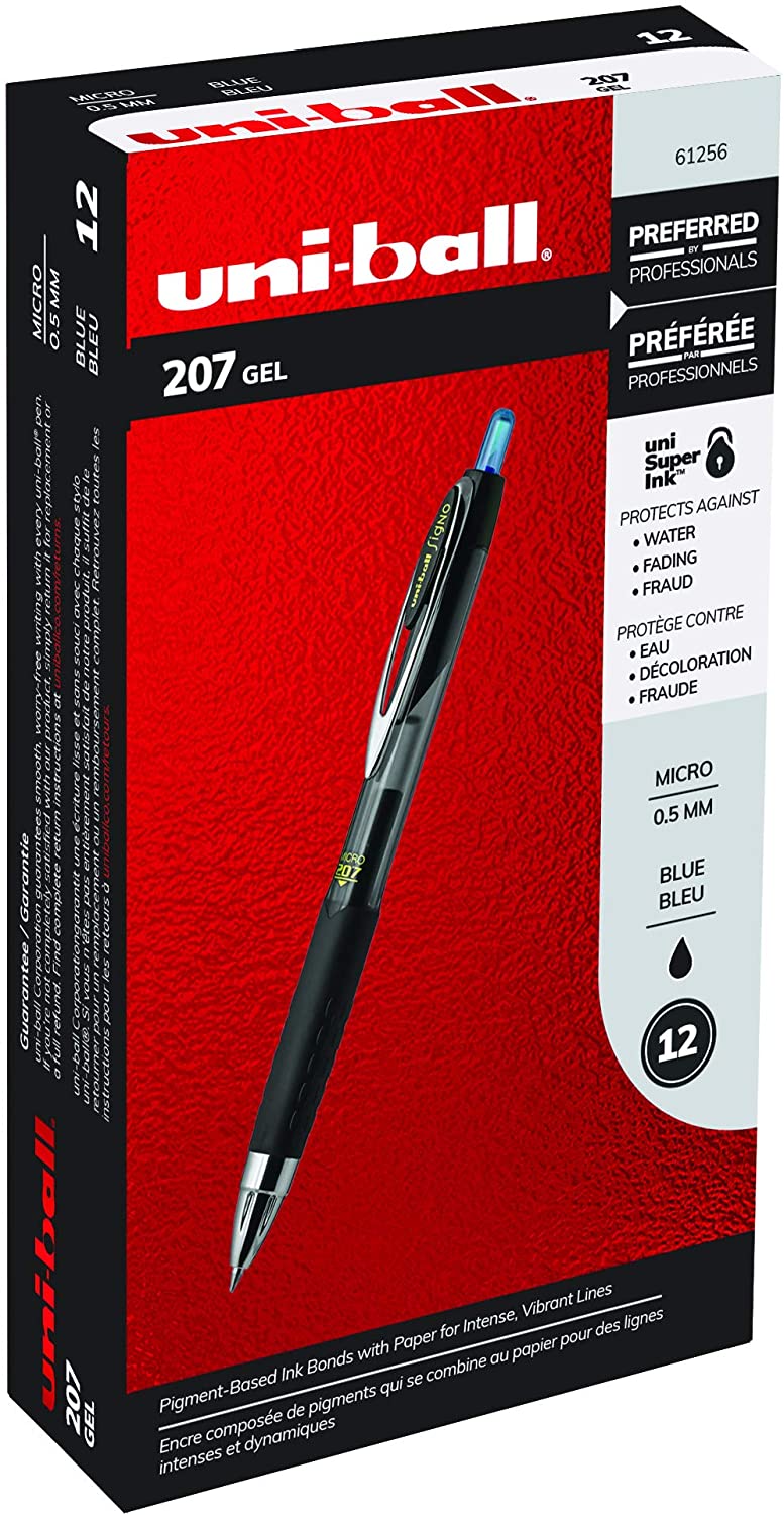 uni-ball 207 Retractable Gel Pens, Micro Point, 0.5mm, Blue, 12 Count