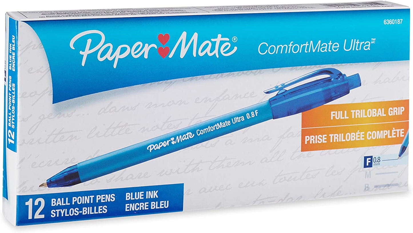 Paper Mate ComfortMate Retractable Ballpoint Pens, Fine Point, Blue, 12 Count