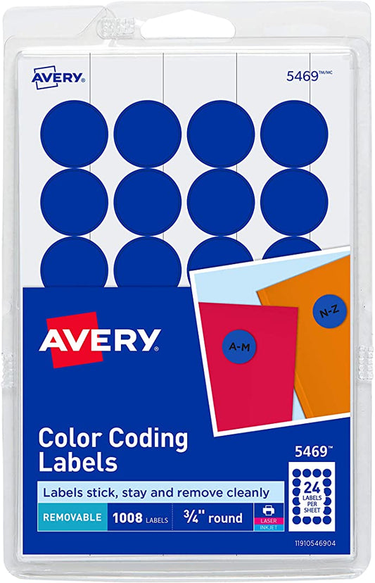 Avery Print/Write Self-Adhesive Removable Labels. 0.75 Inch Diameter. Dark Blue. 1.008 per Pack (5469)