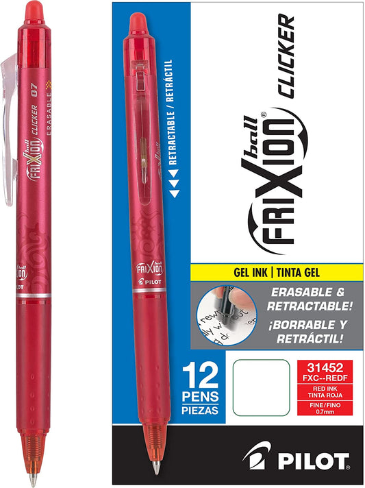 PILOT FriXion Clicker Erasable, Refillable & Retractable Gel Ink Pens, Fine Point, Red Ink, 12-Pack (31452)