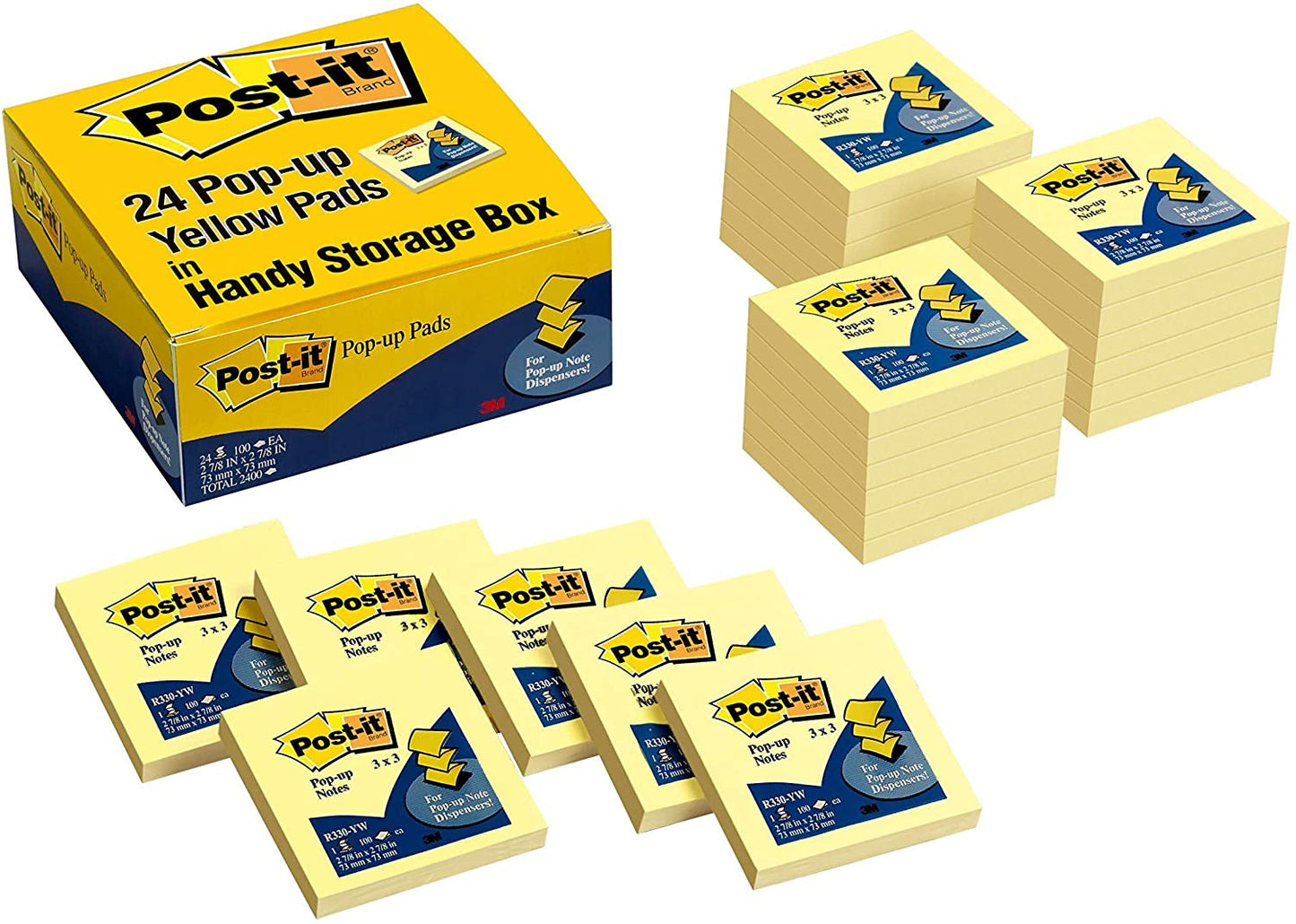 Post-it Pop-up Notes. 3 in x 3 in. 24 Pads. America's #1 Favorite Sticky Notes. Canary Yellow. Clean Removal. Recyclable (R330-24VAD)