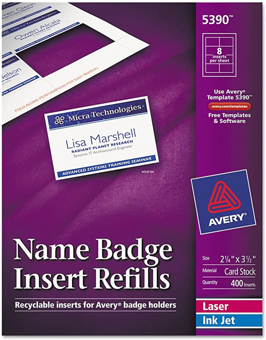 Avery 5390 Insert Badge Refill, Fits 2-1/4-Inch x3-1/2-Inch, 8/Sht, 400/BX, WE