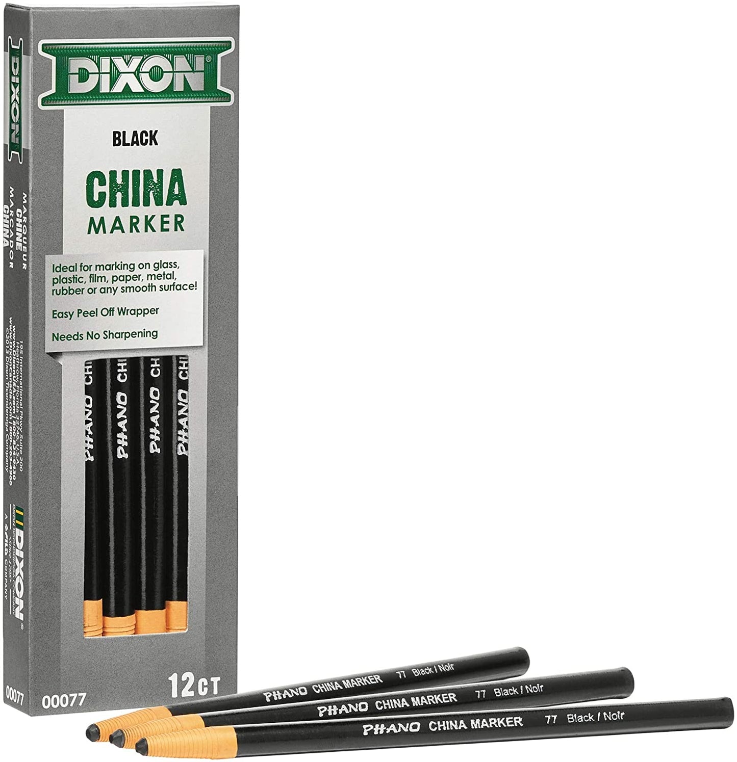 DIXON Industrial Phano Peel-Off China Marker Pencils. Black. 12-Pack (00077)