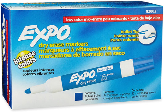 EXPO Low-Odor Dry Erase Markers, Bullet Tip, Blue, 12-Count