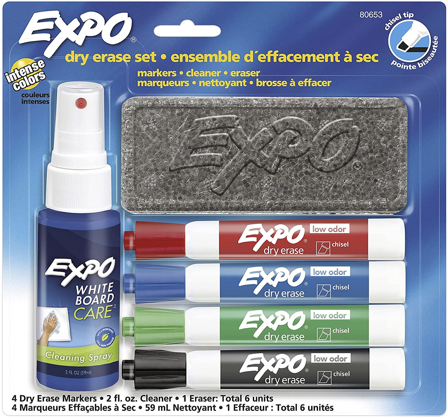 Expo Low Odor Dry Erase Marker Set with White Board Eraser and Cleaner | Chisel Tip Dry Erase Markers | Assorted Colors. 6-Piece Set with Whiteboard Cleaner