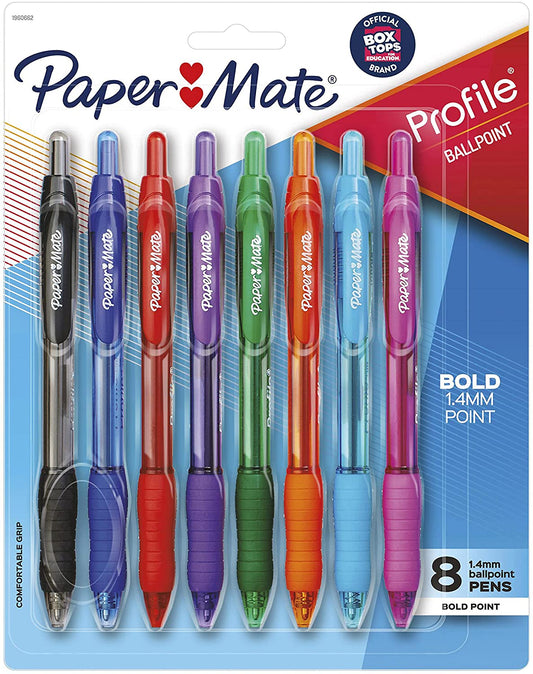 Paper Mate 1960662 Profile Retractable Ballpoint Pens, Assorted Colors, 8-Count