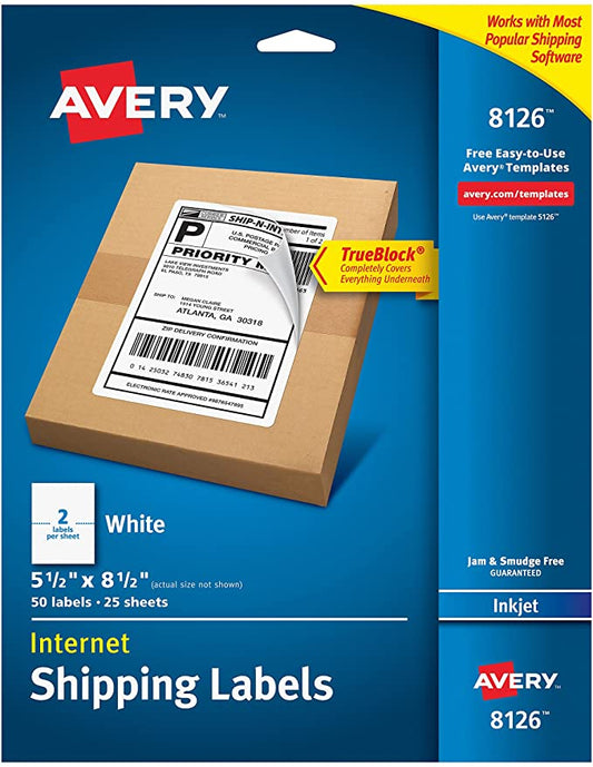 Avery 8126 Shipping Address Labels. Inkjet Printers. 50 Labels. Half Sheet Labels. Permanent Adhesive. True Block. 1 Pack. White