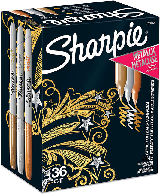 Sharpie Metallic Permanent Markers, Fine Point, Assorted Metallic, 36 Count