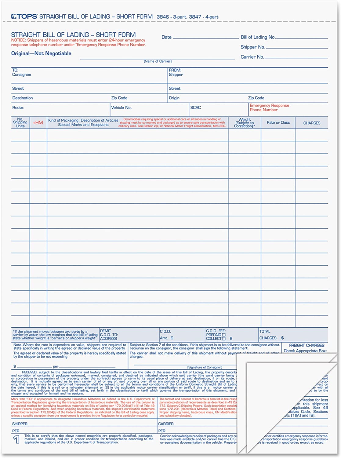 TOPS 3846 Bill of Lading,16-Line, 8-1/2 x 11, Three-Part Carbonless (Pack of 50 Forms)