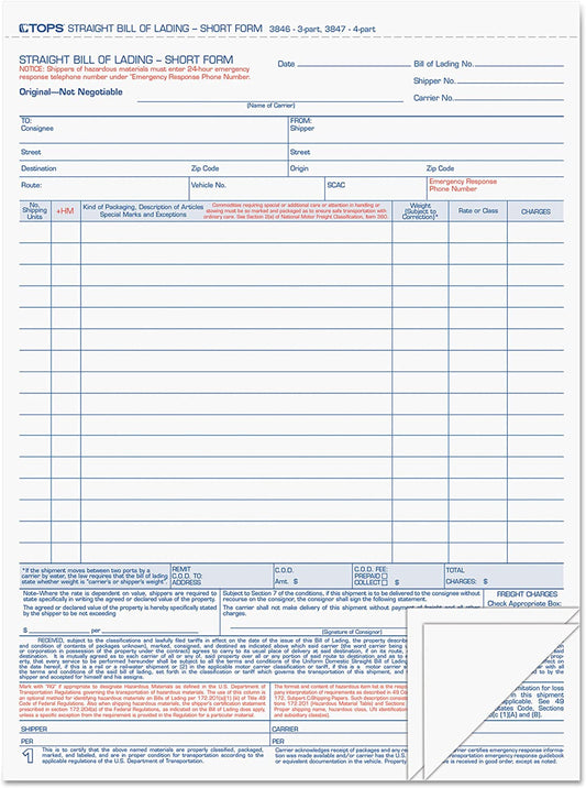 TOPS 3846 Bill of Lading,16-Line, 8-1/2 x 11, Three-Part Carbonless (Pack of 50 Forms)