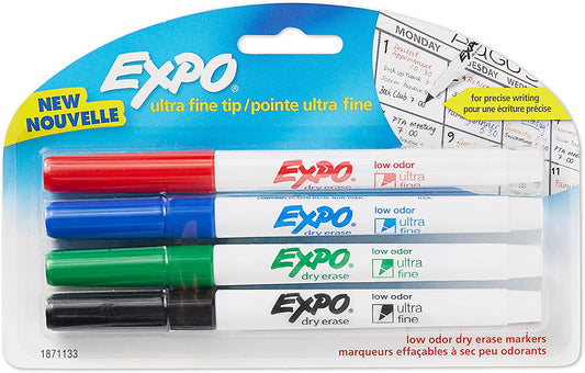 EXPO 1871133 Low-Odor Dry Erase Markers. Ultra Fine Tip. Assorted Colors. 4-Count