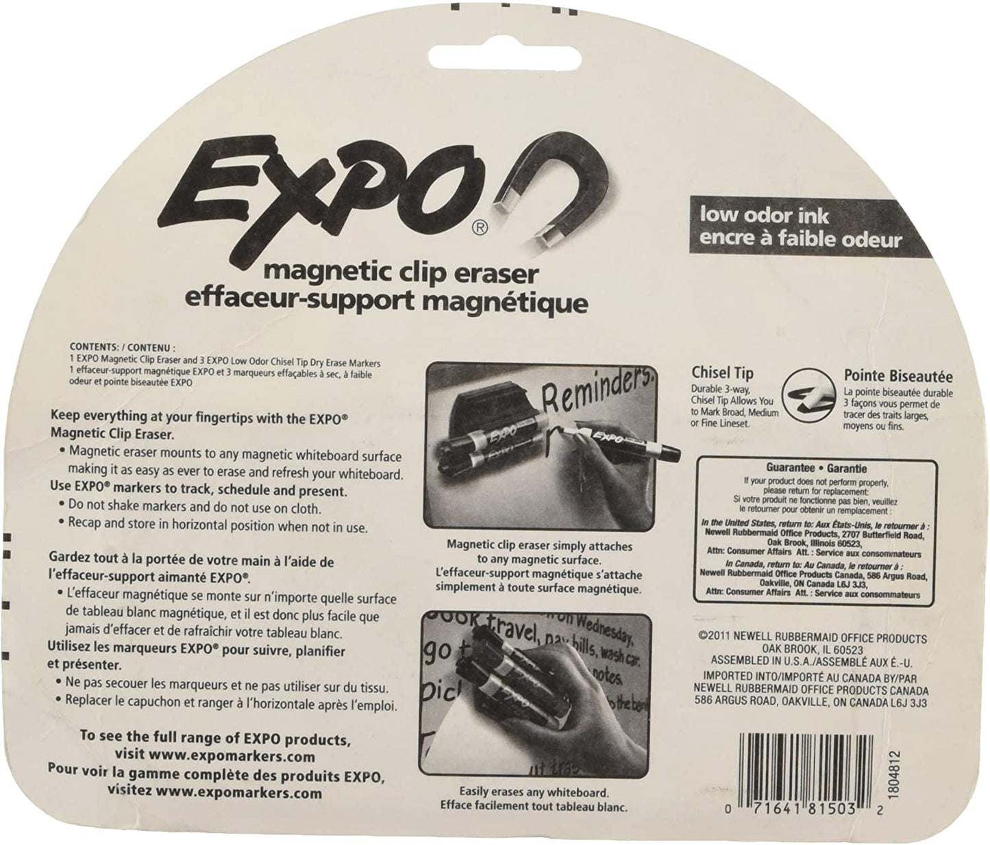 EXPO 81503 Magnetic Low Odor Markers. Chisel Tip. Assorted Colors. 3-Count with Magnetic Clip