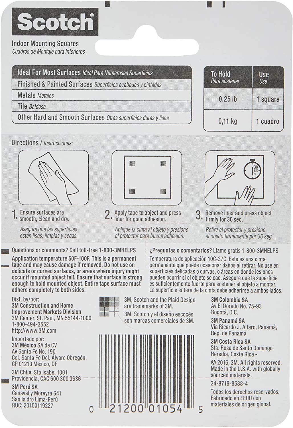 Scotch Permanent Mounting Squares, 4 Squares holds up to 1 lb, 16 x 1-in Squares, White (111)