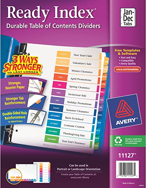 Avery Jan-Dec Tab Dividers for 3 Ring Binders. Customizable Table of Contents. Multicolor Tabs. 24 Sets(11127)